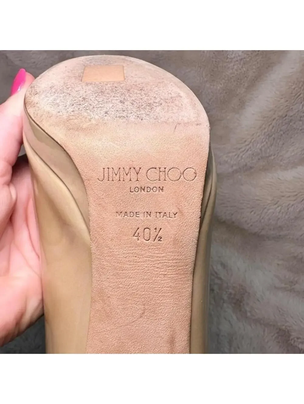 Jimmy Choo Luna 100 Peep Toe Patent Beige Pump Heel 40.5 Excellent